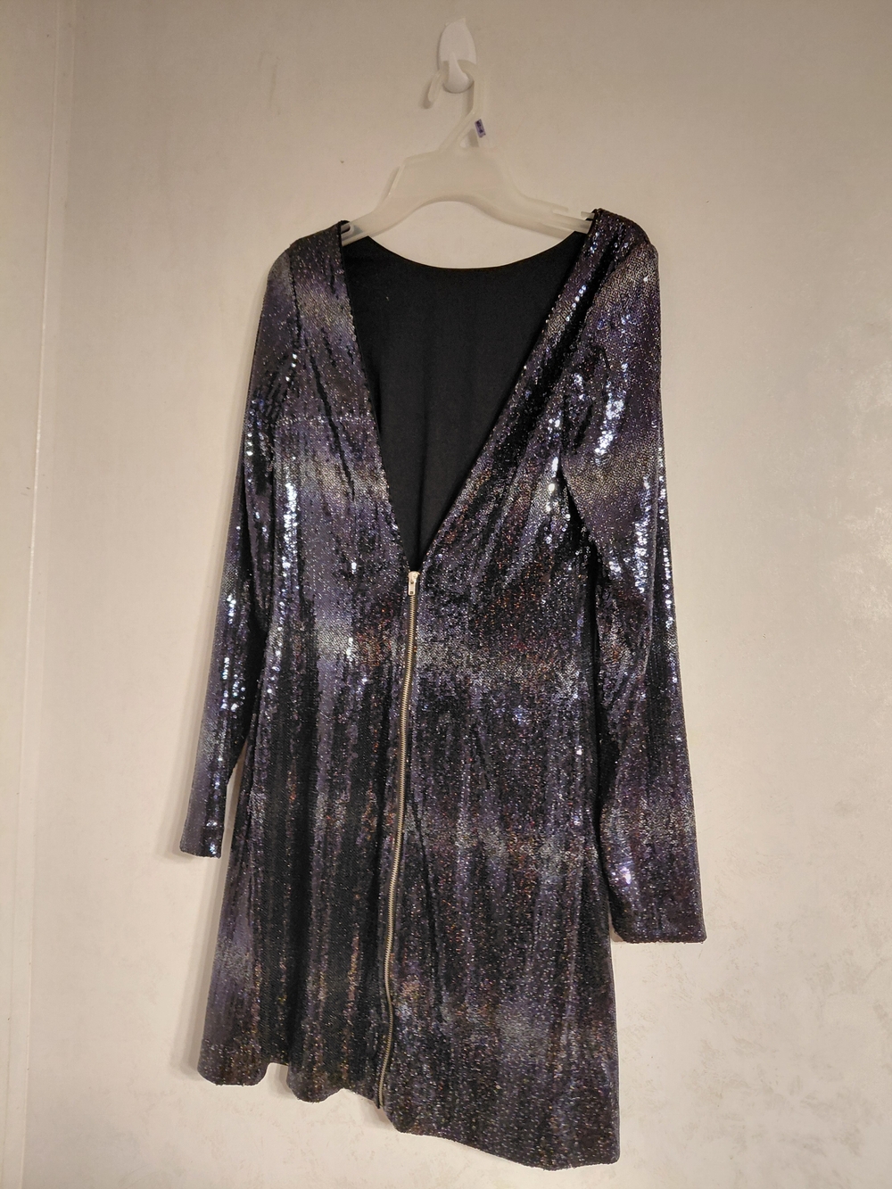 Adrianna Papell Boutique Black Purple Silver Sequin Zip Dress